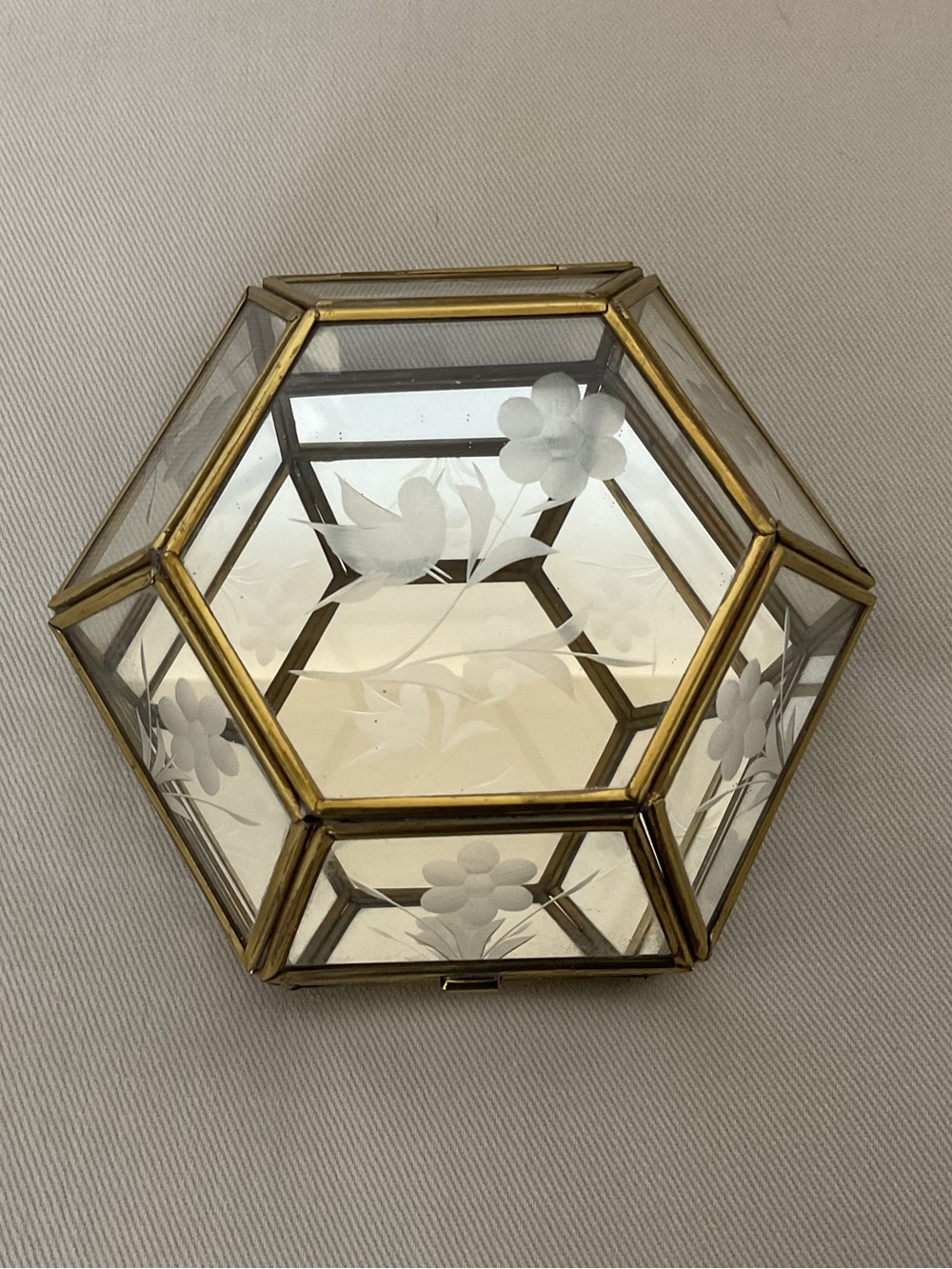 Vintage Hexagonal Glass Jewelry Box with Etched Bird and Floral Design